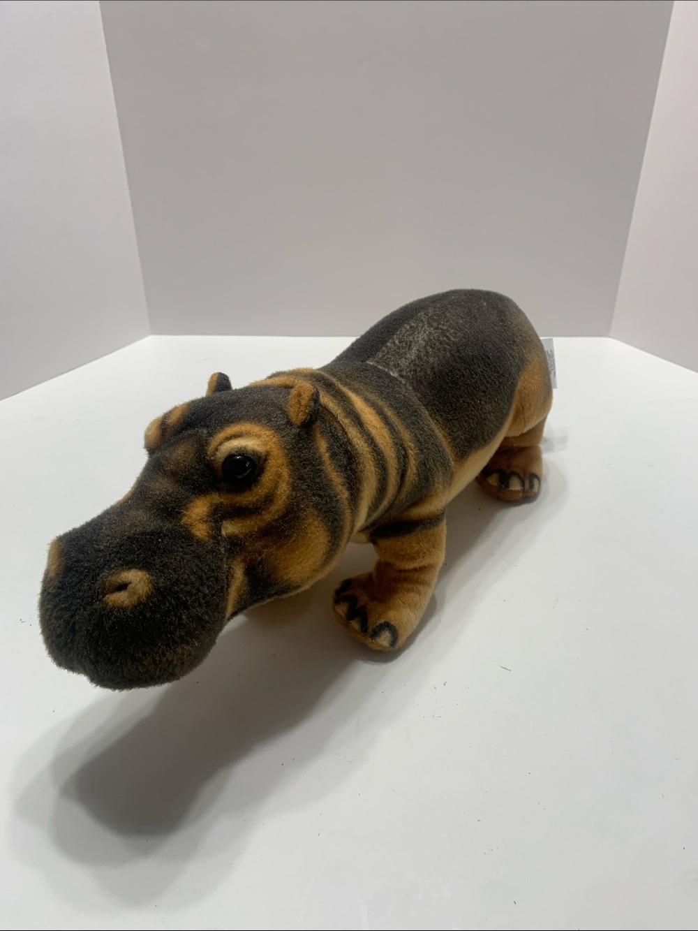 Real Planet Flocked Hippo Toy in Dark Brown and Tan
